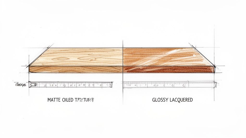 Schets van een houten plank met twee afwerkingen: mat geolied met textuur en glanzend gelakt.