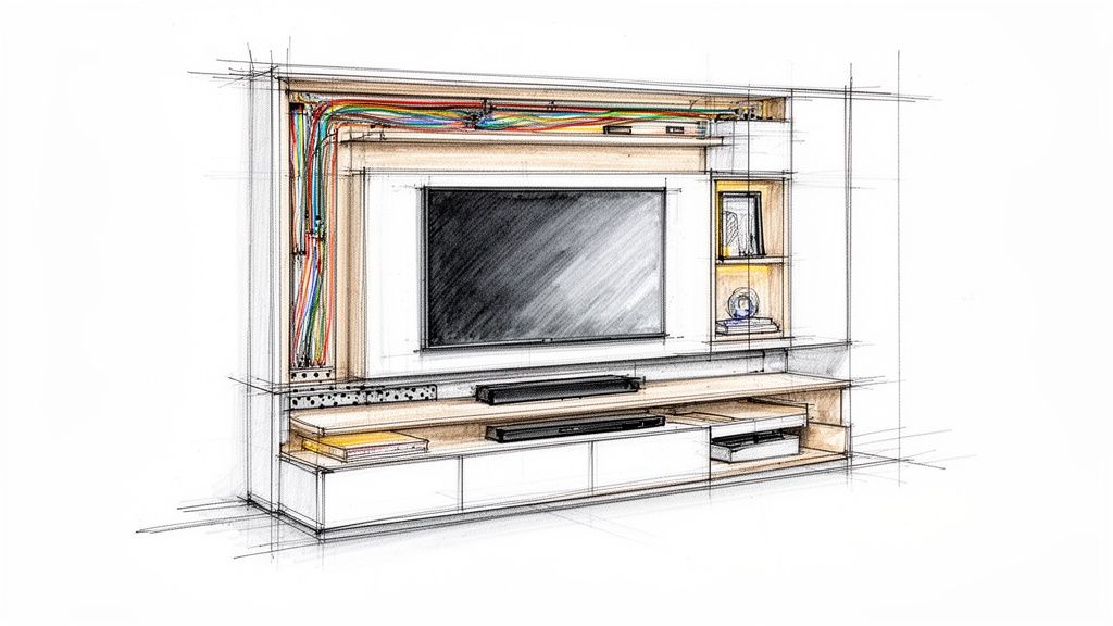 Gedetailleerde potloodschets van een moderne, op maat gemaakte tv-kast met verborgen bedrading en opbergruimte.