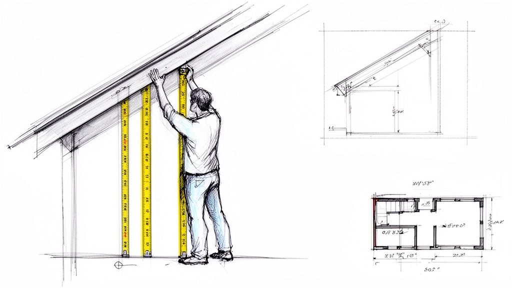 Een man meet de hoogte onder een schuin dak met meetlinten, voorbereiding voor een inbouwkast.