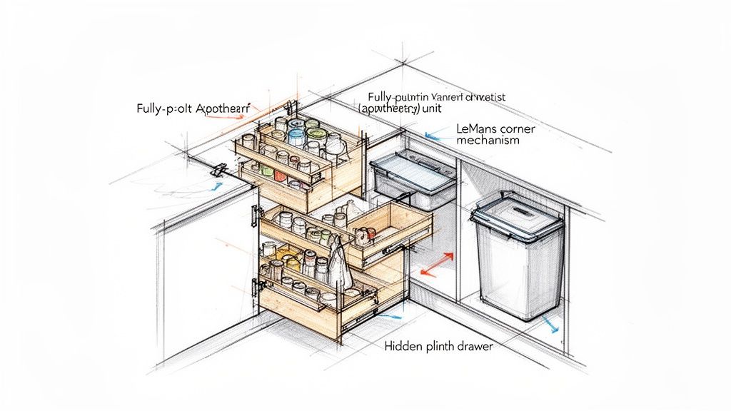 Gedetailleerde schets van moderne keukenhoek met uittrekbare apothekerskasten, LeMans mechanisme en verborgen plintlade voor efficiënte opslag.