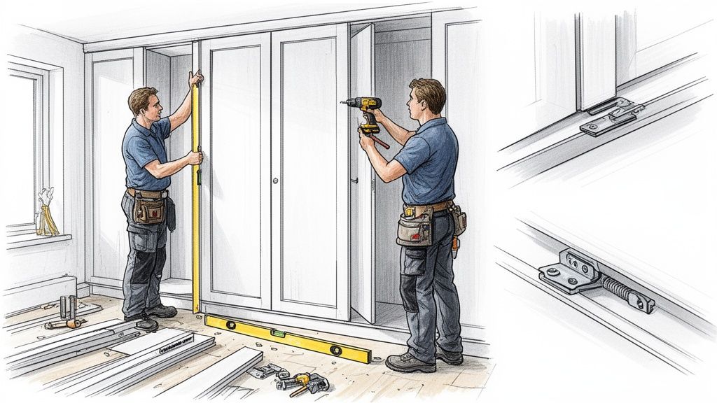 Man installeert witte inbouwkastdeuren met waterpas en boormachine, met details van de scharnieren.