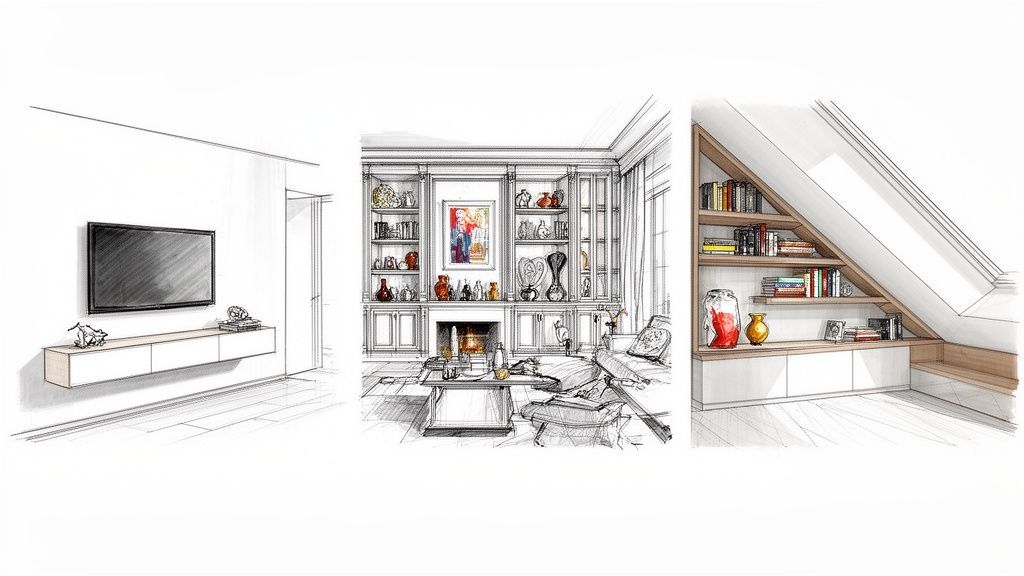 Drie interieurontwerpen: een tv-meubel, een woonkamer met open haard en een zolderkamer met boekenplanken.