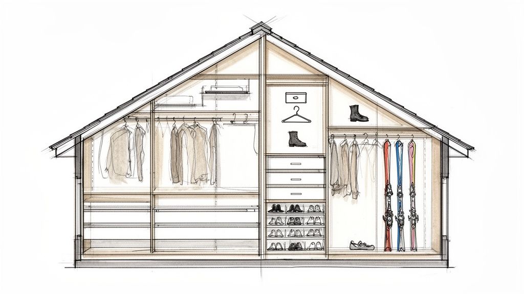 Gedetailleerde doorsnede van een zolderkast met schuin dak, inclusief kledinghangers, planken, lades en ski-opslag.