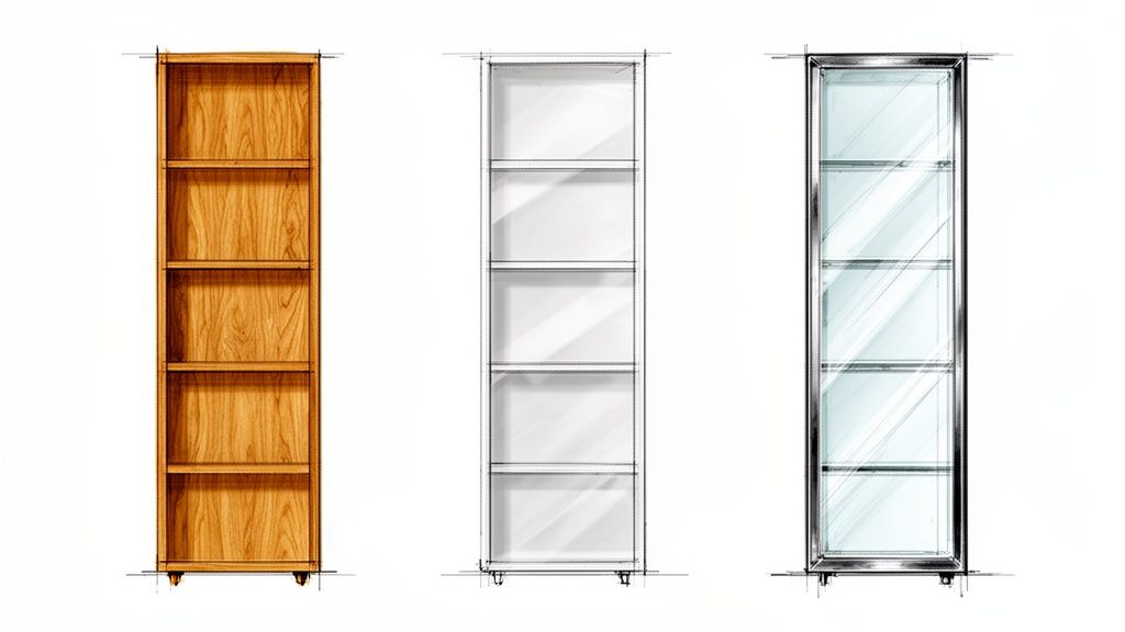 Drie schetsen van smalle, hoge boekenkasten: een houten, een lege en een glazen vitrinekast.