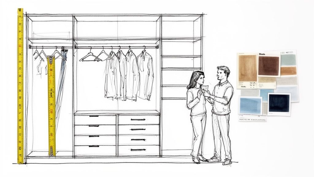 Schets van een inbouwkast op maat met afmetingen, besproken door twee mensen met kleurvoorbeelden.