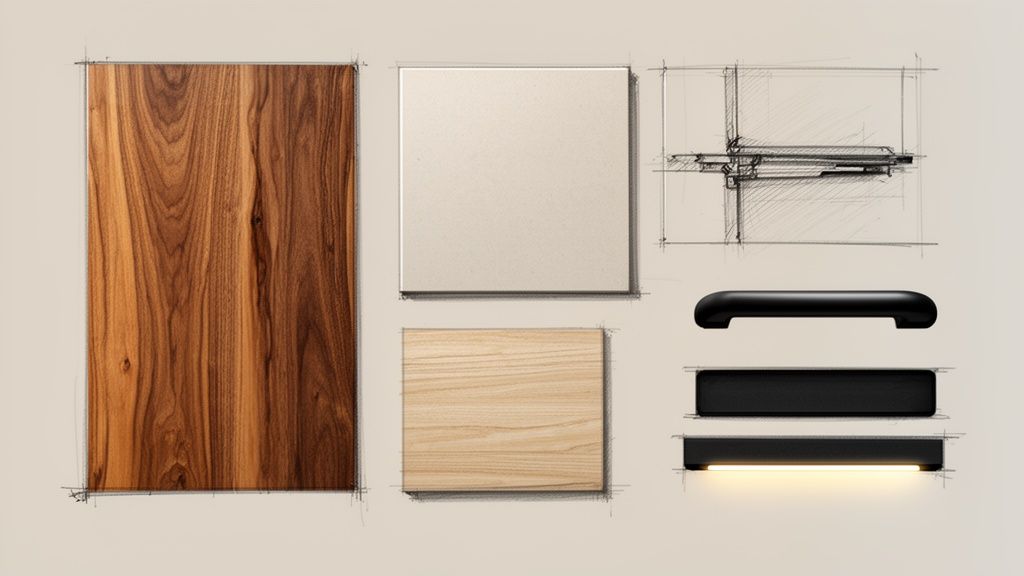 Een set van houtstalen, materialen en handgrepen, samen met een technische schets, voor interieurontwerp.