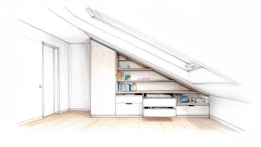 Gedetailleerde schets van een zolderkamer met op maat gemaakte opbergruimte onder een schuin dak en dakraam.
