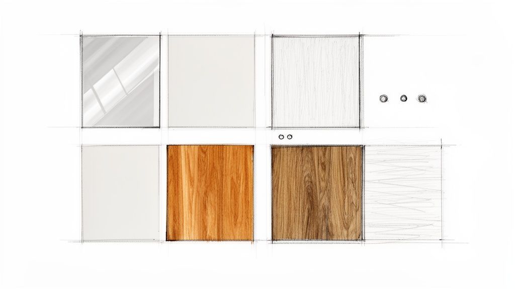 Schets van acht materiaalstalen voor wandkasten, inclusief glanzend wit, mat wit en verschillende houttinten.