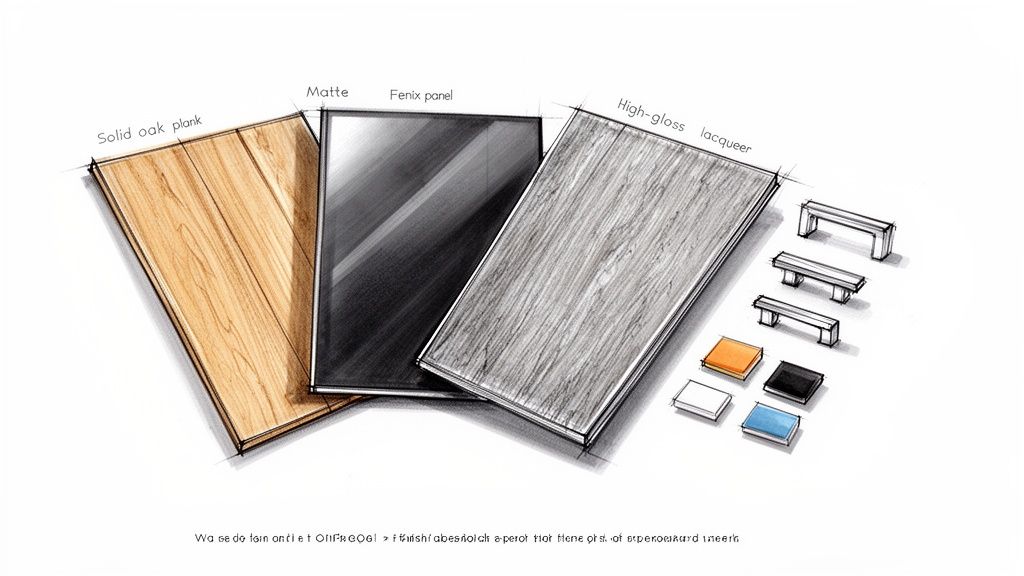 Schets van verschillende materiaalstalen (massief eiken, Fenix mat, hoogglans lak) en handgrepen voor garderobekastontwerp.
