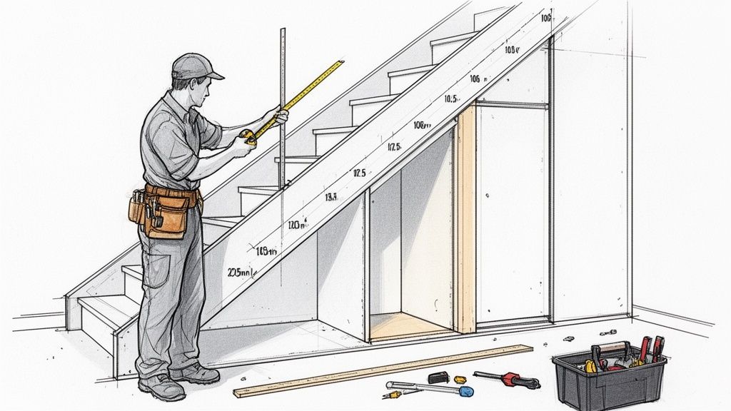 Een klusjesman meet onder de trap om een trapkast op maat te maken, omringd door gereedschap.