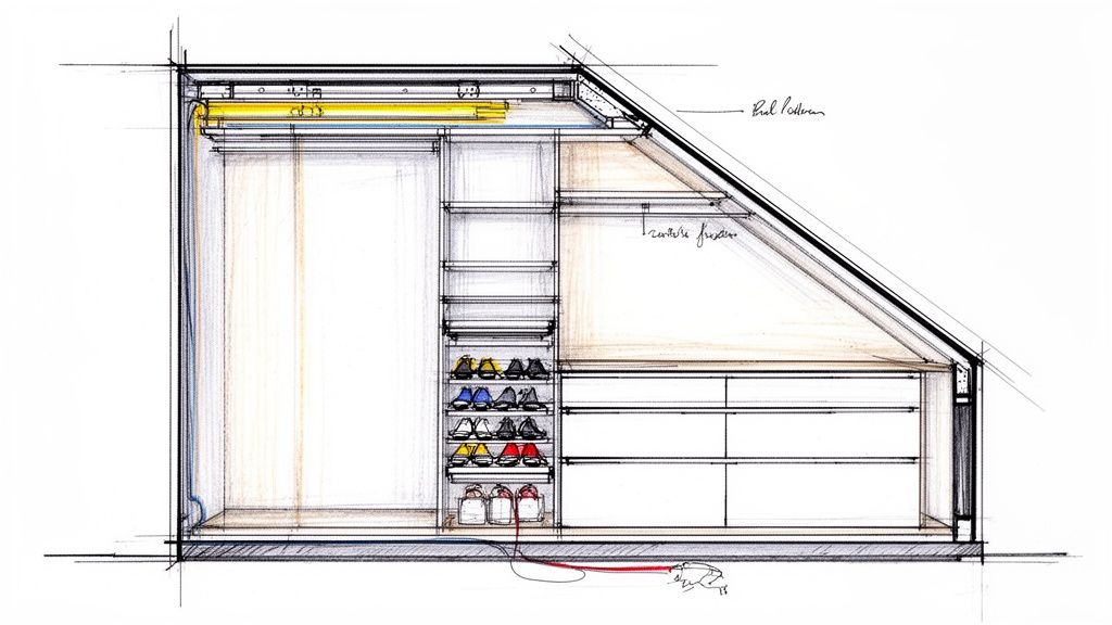 Gedetailleerde architecturale tekening van een ingebouwde kast onder een schuine zolderwand, inclusief planken en laden.