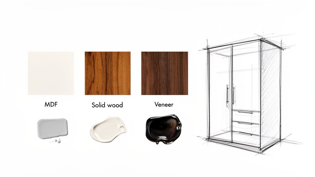 Voorbeelden van MDF, massief hout, fineer en verfkleuren voor een inbouwkast, naast een schets.