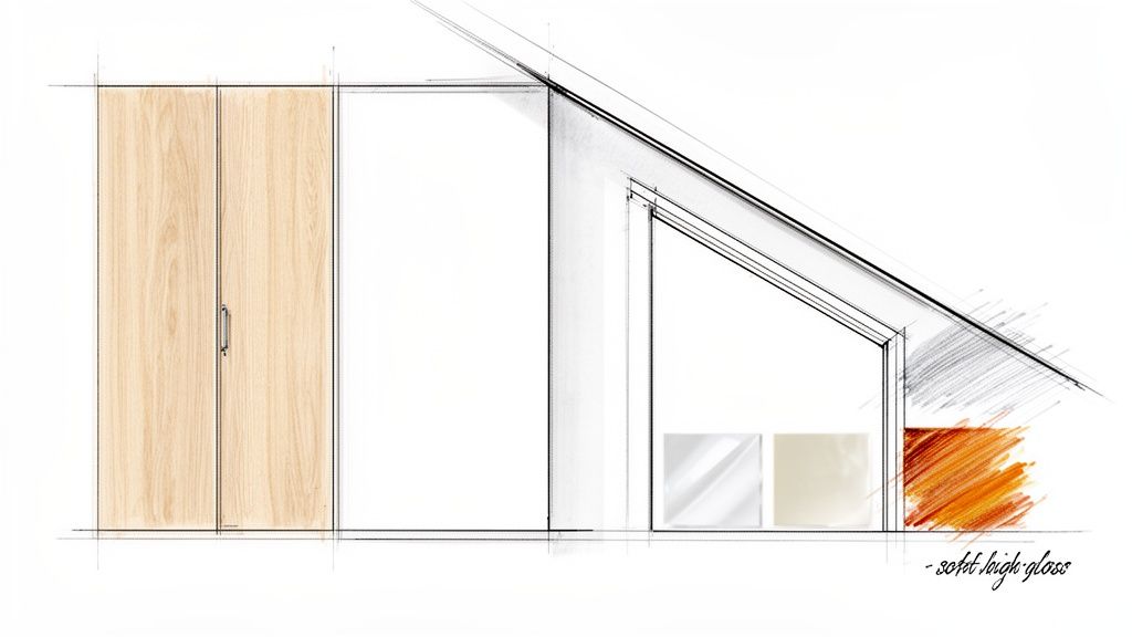 Schets van een op maat gemaakte kast onder een schuin dak, met houten deuren en kleurvoorbeelden.