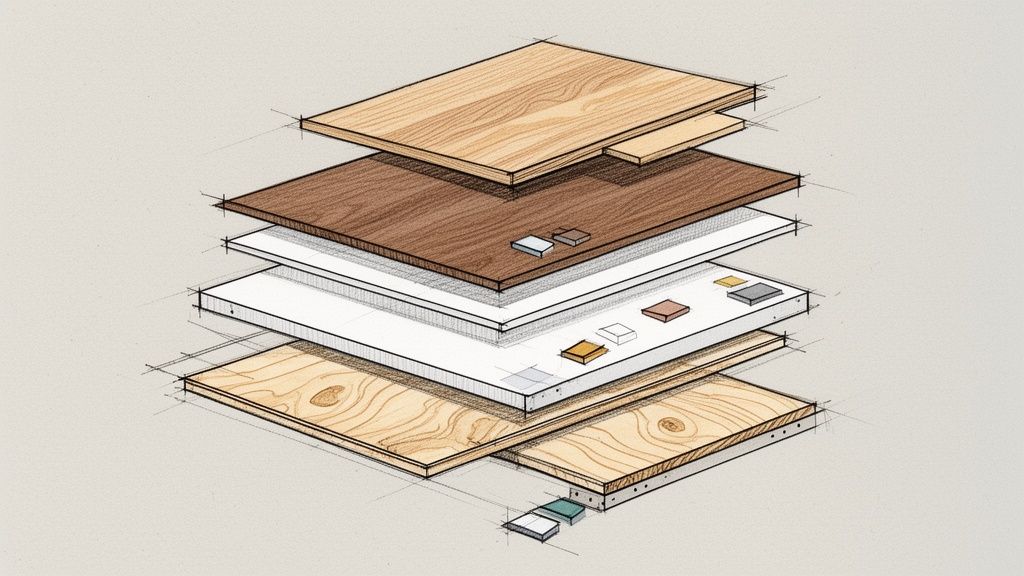 Een isometrische weergave van gestapelde lagen bouwmaterialen zoals hout en panelen, met diverse materiaalsamples.