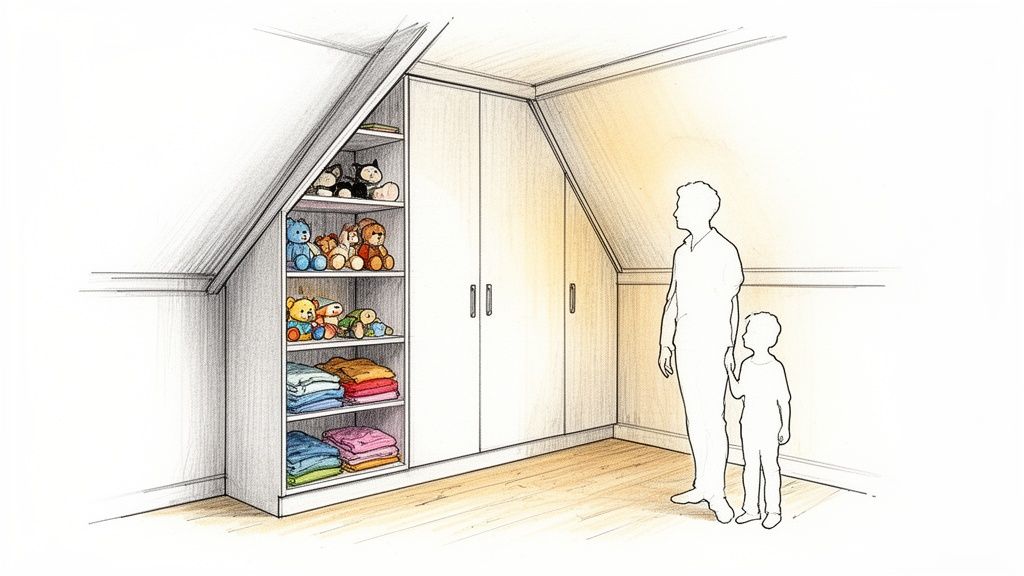 Op maat gemaakte inbouwkast met open planken en gesloten deuren in een zolderkamer.