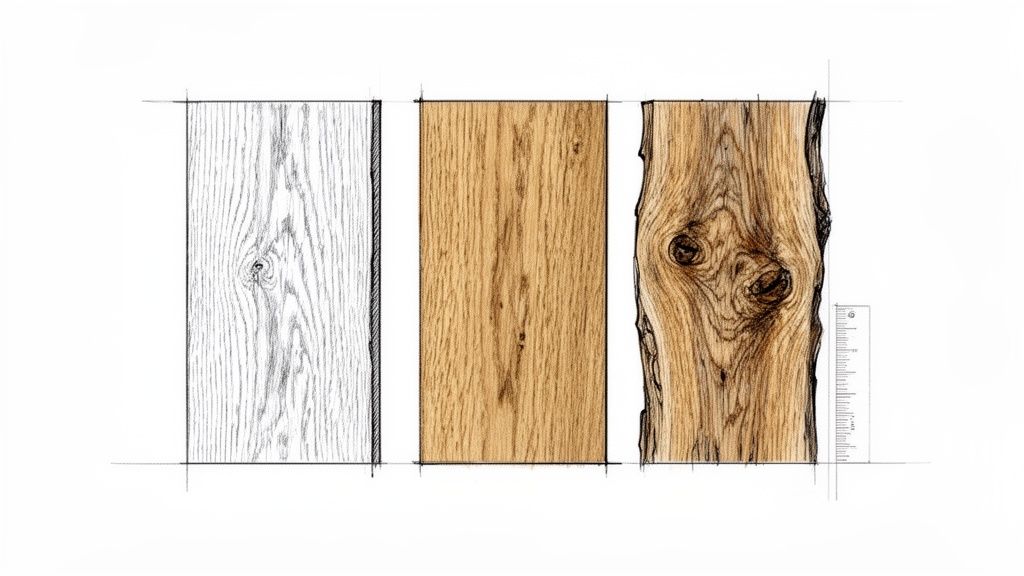 Drie weergaven van eikenhout: een potloodschets, een gladde gezaagde plank en een plank met natuurlijke rand en noesten.