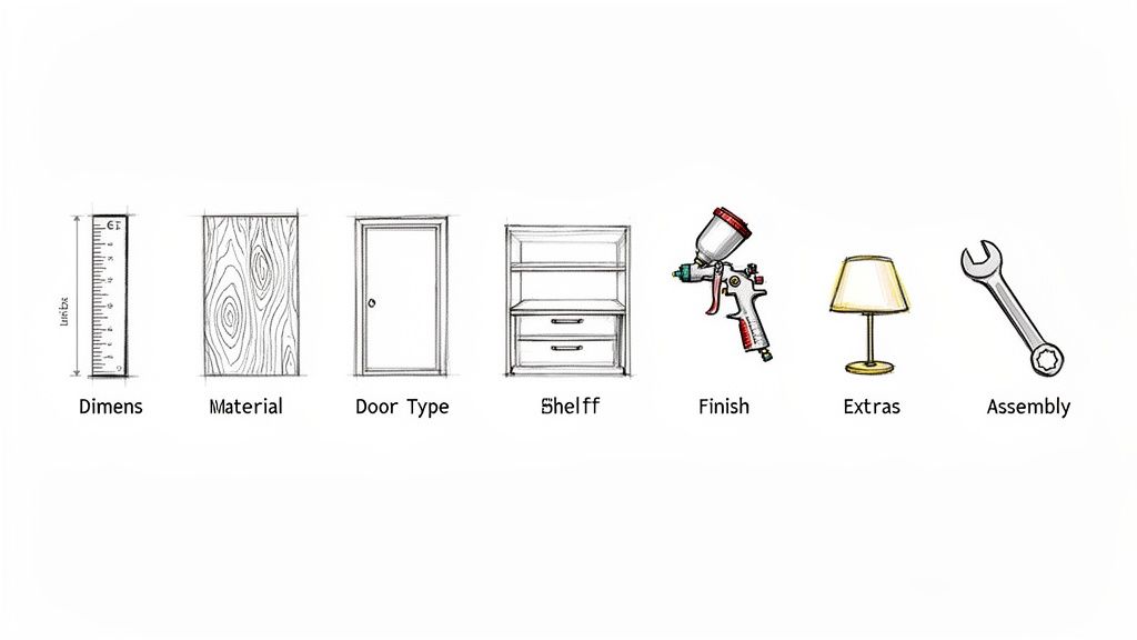 Handgetekende pictogrammen die de stappen tonen voor het ontwerpen en bestellen van een kast op maat, inclusief afmetingen, materiaal en afwerking.