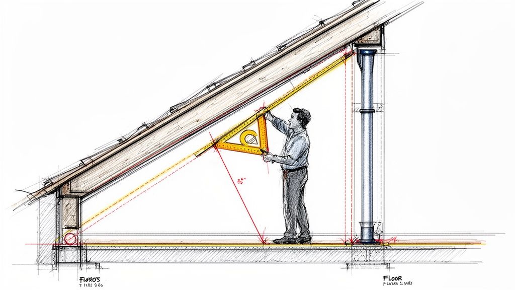 Een man meet de helling van een schuin zolderdak met een grote winkelhaak in een gedetailleerde bouwtekening.