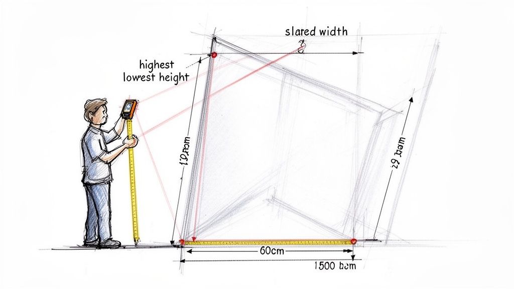 Een man meet een schuine wand of dakconstructie met meetinstrumenten, waarbij diverse afmetingen worden weergegeven.