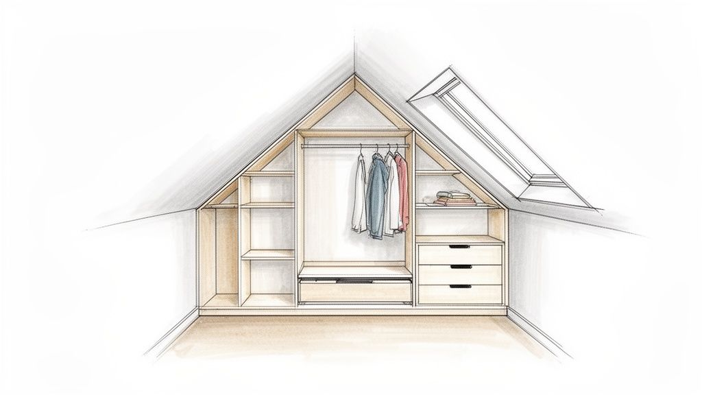 Een op maat gemaakte inbouwkast onder een schuin dak met planken, hangruimte, lades en een dakraam.