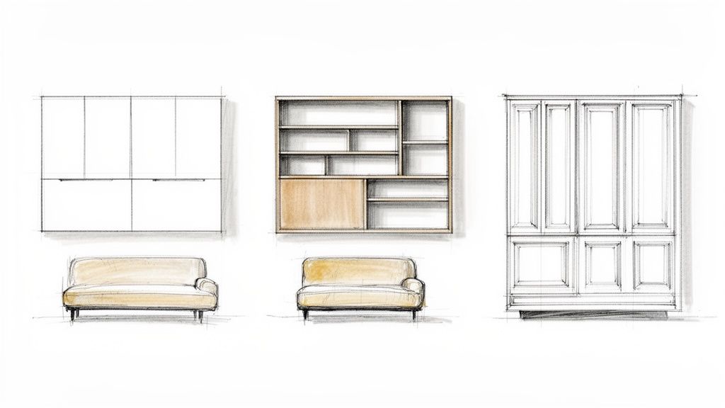 Schetsen van diverse op maat gemaakte wandkasten en bijpassende banken op een witte achtergrond, perfect voor interieurontwerp.