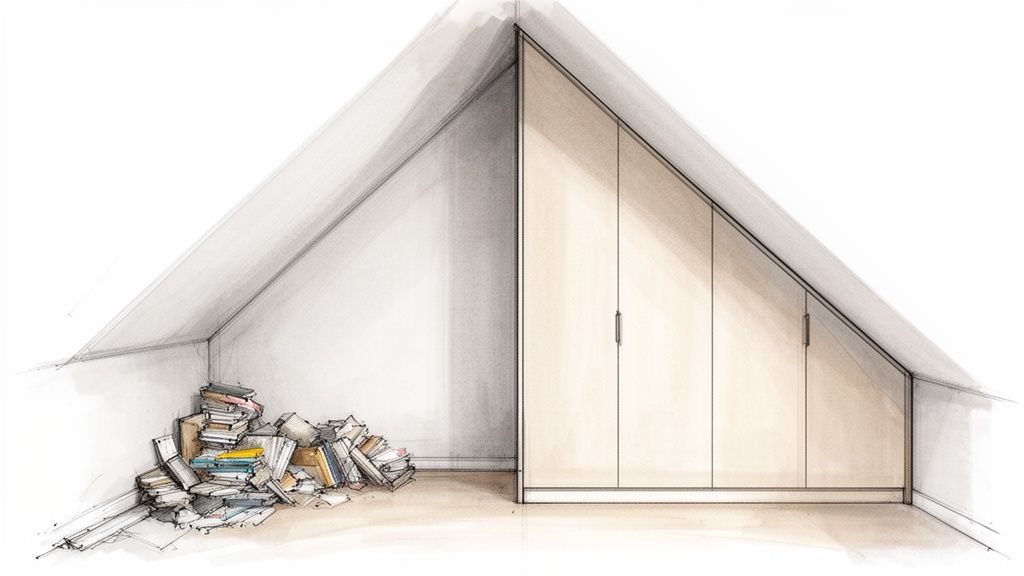 Ontwerptekening van een zolderkamer met schuine opbergkast en boeken op de vloer.