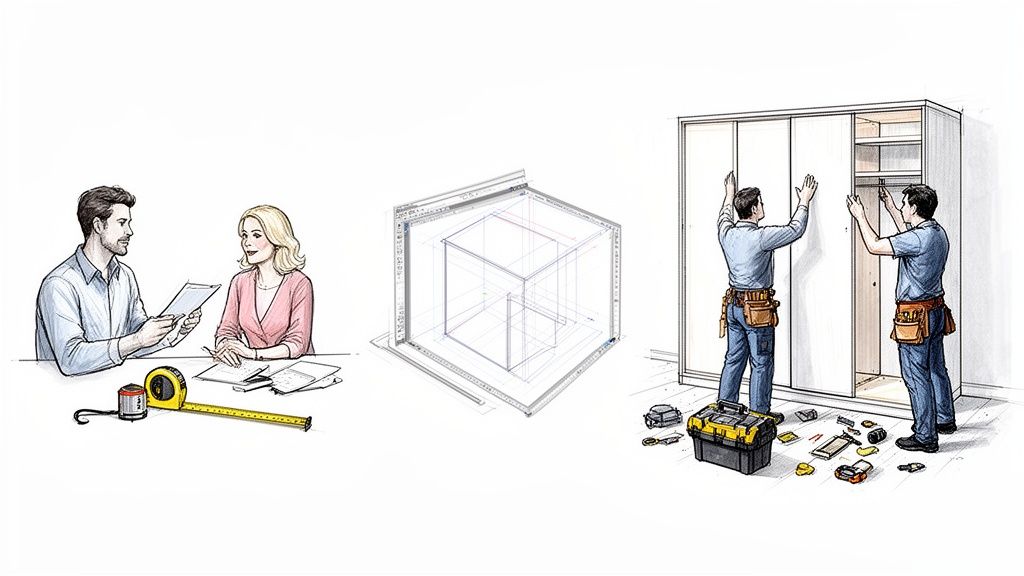 Overleg, ontwerp en installatie van een op maat gemaakte garderobekast door professionals.