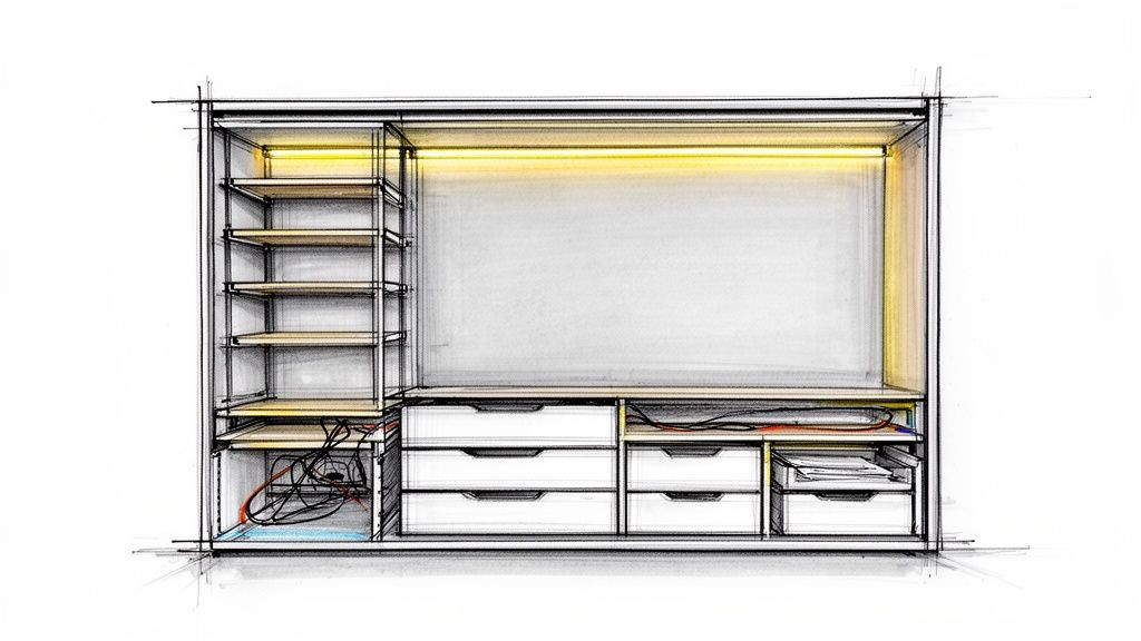 Gedetailleerde schets van een op maat gemaakte woonkamerkast met open planken, lades en geïntegreerde verlichting.