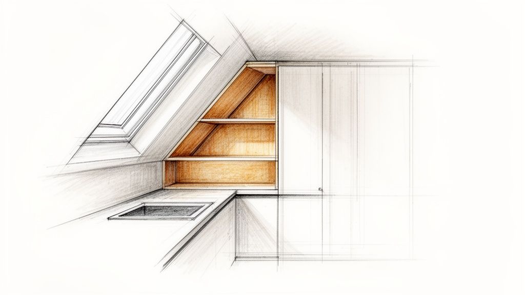 Gedetailleerde potloodschets van een op maat gemaakte keuken onder een schuin dak met dakraam en ingebouwde planken.