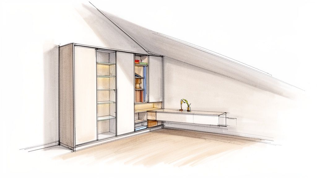Gedetailleerde architectonische schets van een modern maatwerkkastensysteem en bureau, ingebouwd in een zolderruimte met schuin dak.