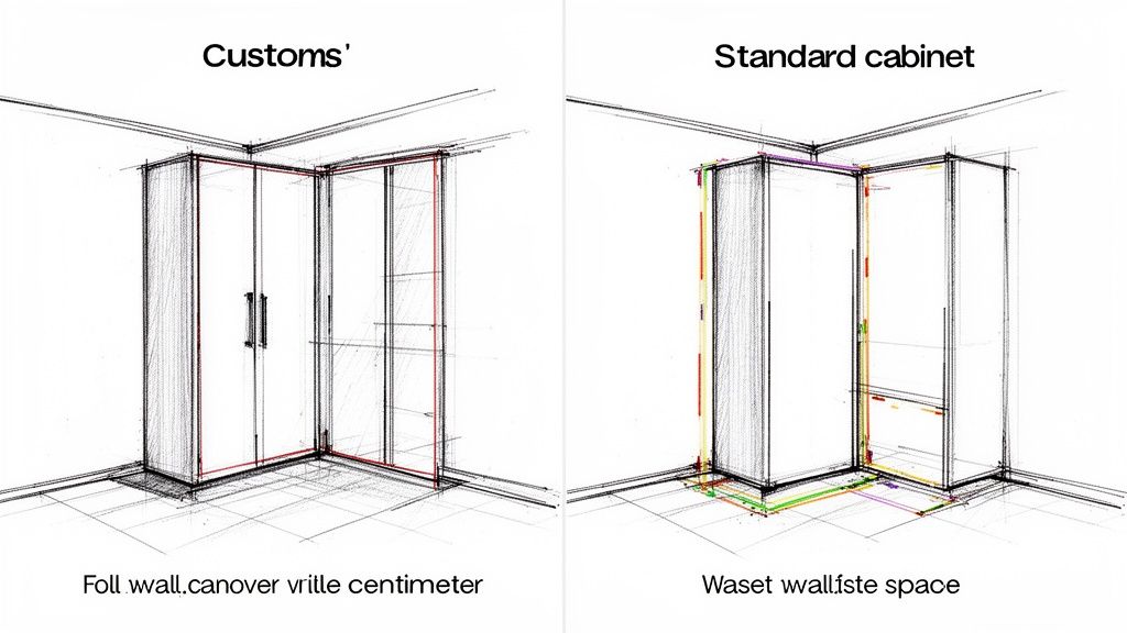 Schematische tekening van twee hoekkasten: een perfect passende maatkast en een standaardkast met onbenutte ruimte.
