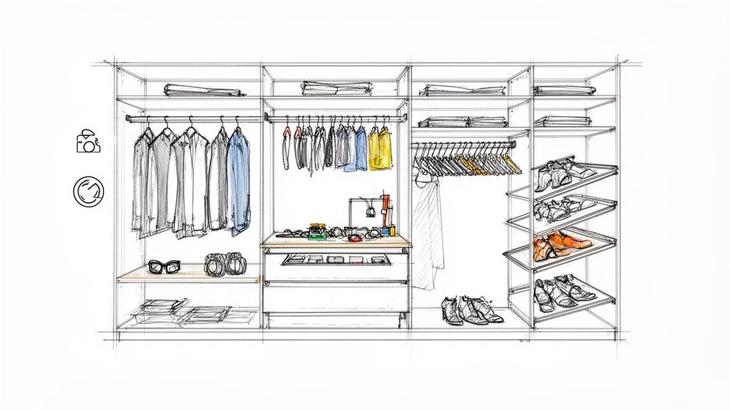 Gedetailleerde schets van een inloopkast met hangende kleding, planken voor accessoires en schoenen, en lades.
