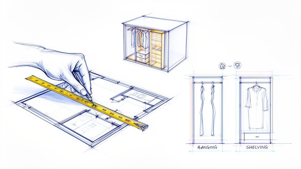 Gedetailleerde schetsen van een inloopkastontwerp, inclusief plattegronden, 3D-weergave en afmetingen met een meetlint.