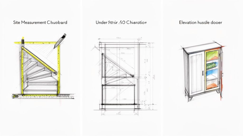 Drie technische schetsen van een trapkast op maat, inclusief metingen, een constructietekening en een aanzicht.