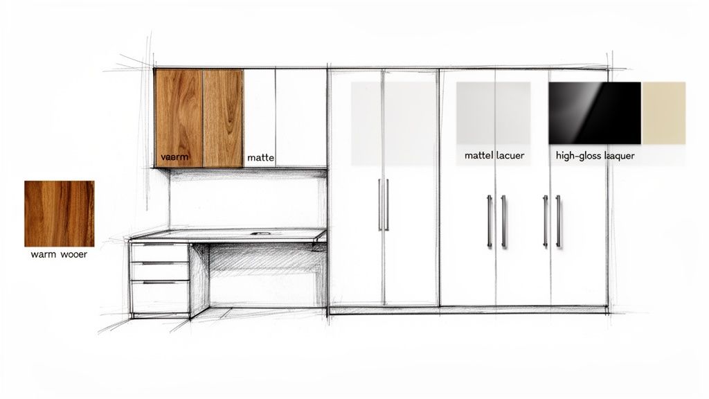 Schets van een moderne kantoorruimte met bureau, lades en kasten, inclusief stalen van hout en lakafwerkingen.