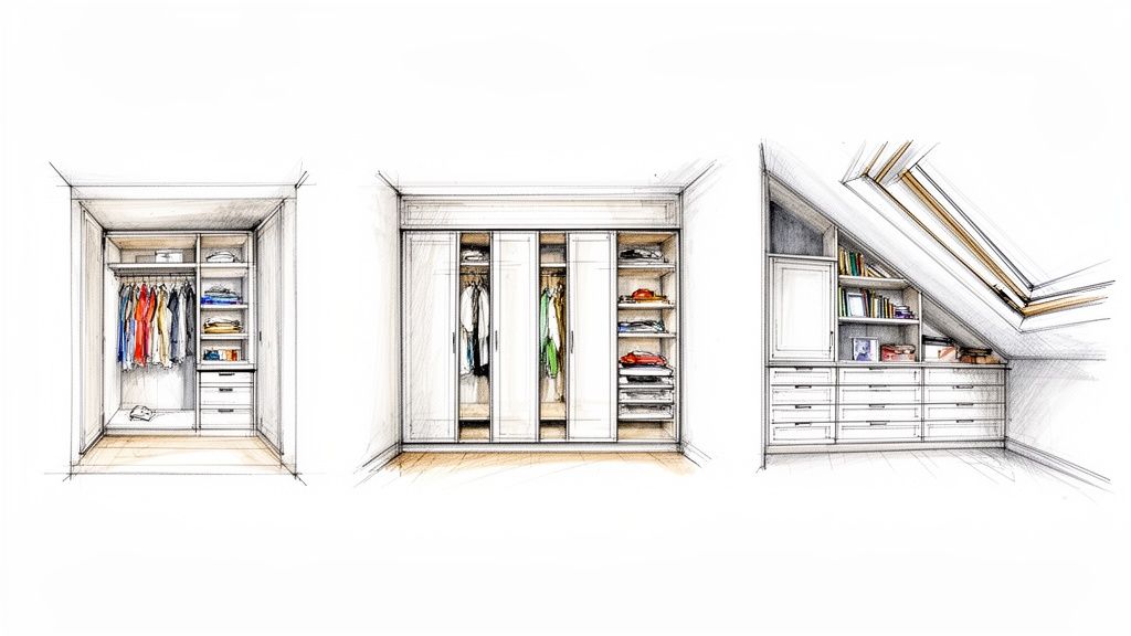 Drie gedetailleerde schetsen van op maat gemaakte kasten, waaronder een inloopkast en een zolderkast.