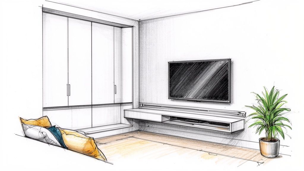 Gedetailleerde interieurschets van een moderne kamer met ingebouwde kasten, een tv-meubel en een decoratieve plant.