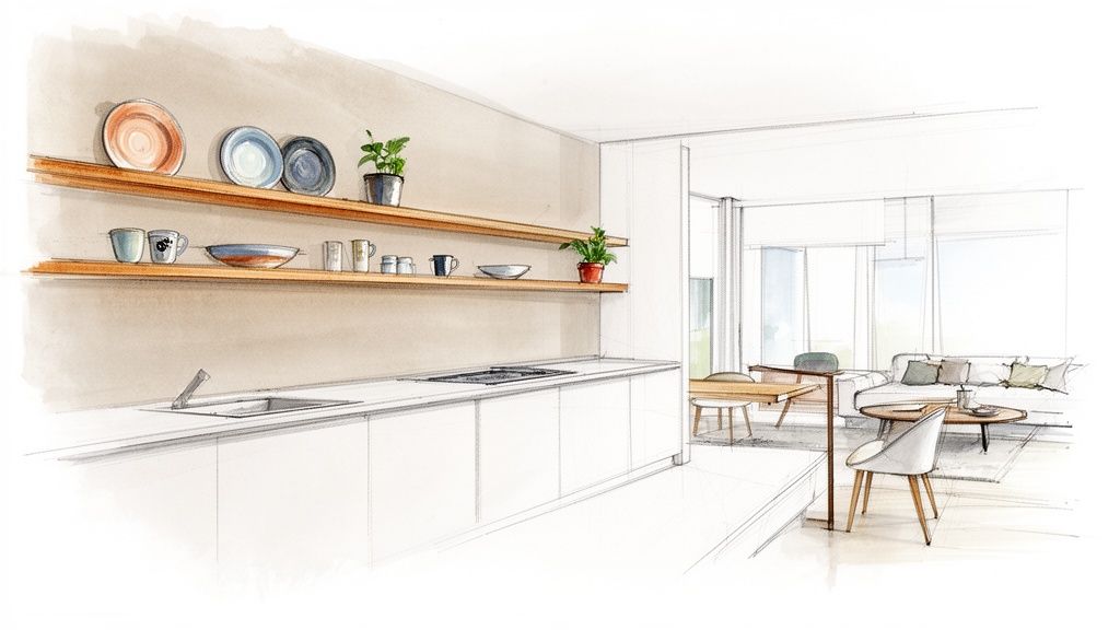 Schets van een moderne open keuken met houten planken en een aangrenzende woonkamer.