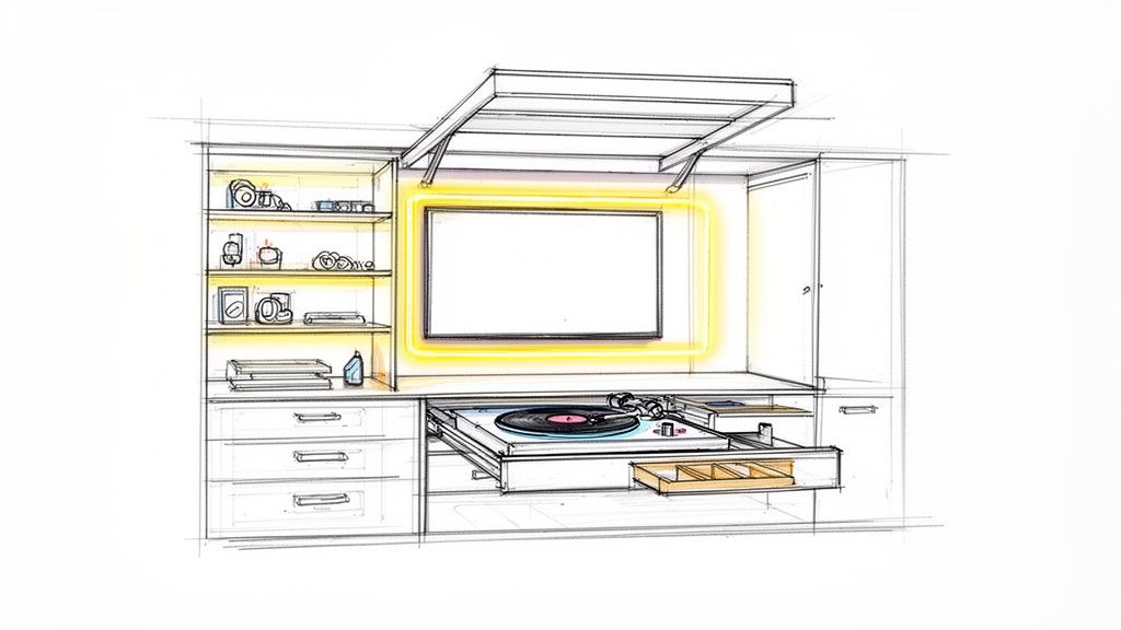 Schets van een op maat gemaakte wandkast met geïntegreerde tv, verlichte planken en een uitschuifbare platenspeler.