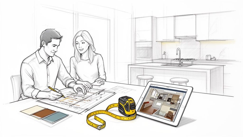 Koppel plant keukenrenovatie met bouwtekeningen, kleurstalen en digitale ontwerpen op tablet.