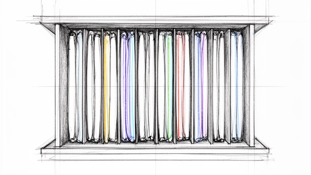 Schets van een open kast met verticale compartimenten, elk gevuld met felgekleurde kledingstukken of stoffen.