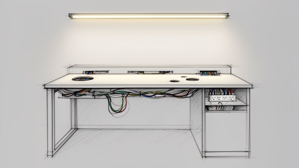 Schets van een modern bureau met geïntegreerd kabelbeheer, stopcontacten en een bovengrondse lichtbalk.