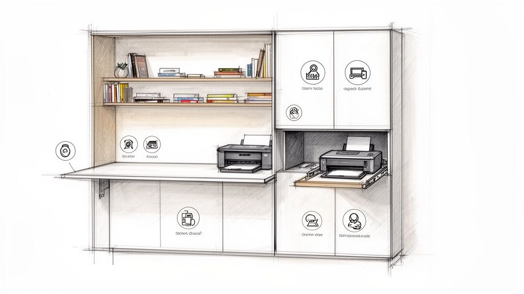 Gedetailleerde schets van een compact bureau met uitklapbaar blad, geïntegreerde kasten, planken en twee printers voor thuiswerken.