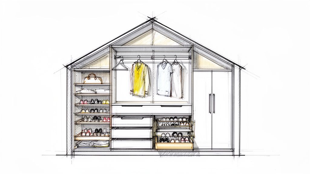 Gedetailleerde schets van een inloopkast onder een schuin dak, met planken, laden en hangruimte.
