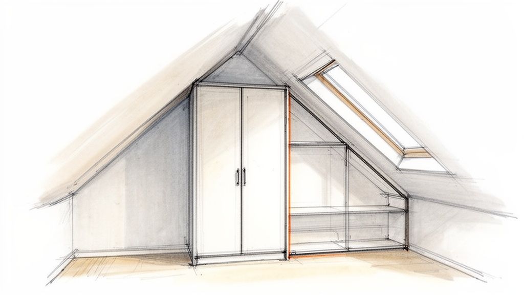 Schets van een op maat gemaakte kledingkast en opbergruimte onder een schuin dak met dakraam.