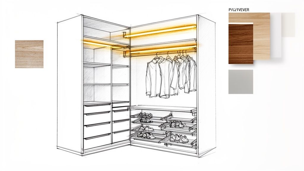 Gedetailleerde schets van een inloopkast met interne verlichting, hangende kleding, lades en uitschuifbare schoenenrekken, samen met materiaalstalen.