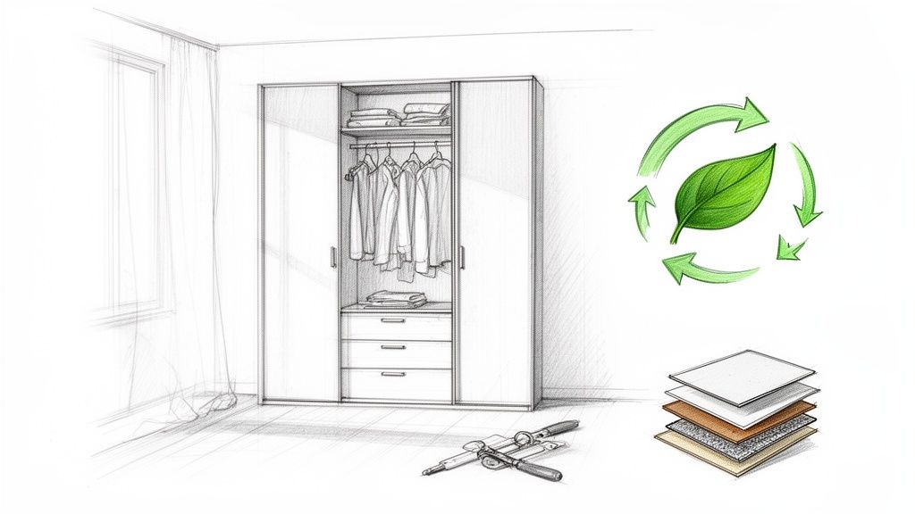 Potloodschets van een op maat gemaakte kledingkast met duurzame materialen en gereedschap, ter illustratie van het ontwerpproces.