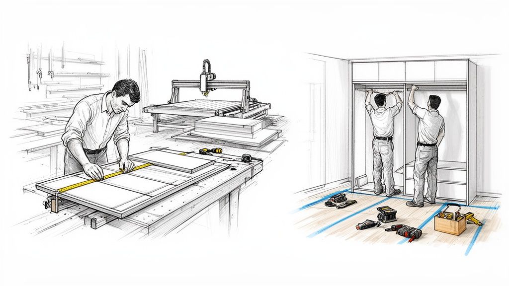 Een man meet hout voor een kast op maat en twee mannen installeren een ingebouwde kledingkast.
