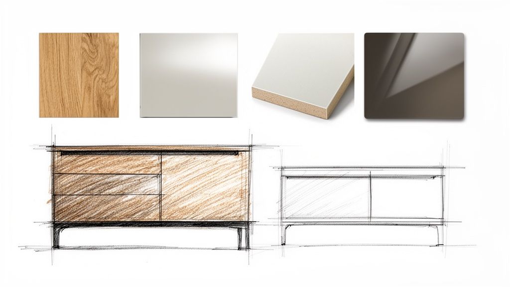 Ontwerp van op maat gemaakte kasten voor de woonkamer met materiaalsamples van hout en moderne afwerkingen.