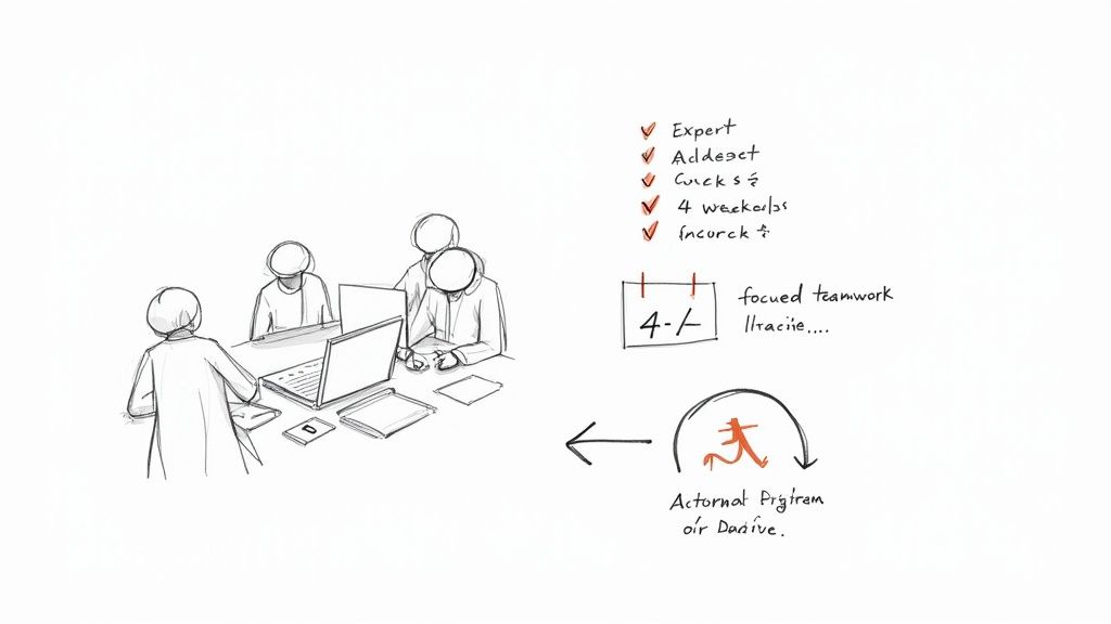 A small, focused team collaborating around a whiteboard, sketching out the scope and metrics for an AI pilot program.